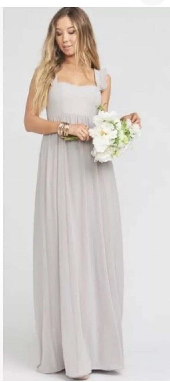 SHOW ME YOUR MUMU June Maxi Dress Dove Grey Chiffon Lined Sleeveless Ruffles XS